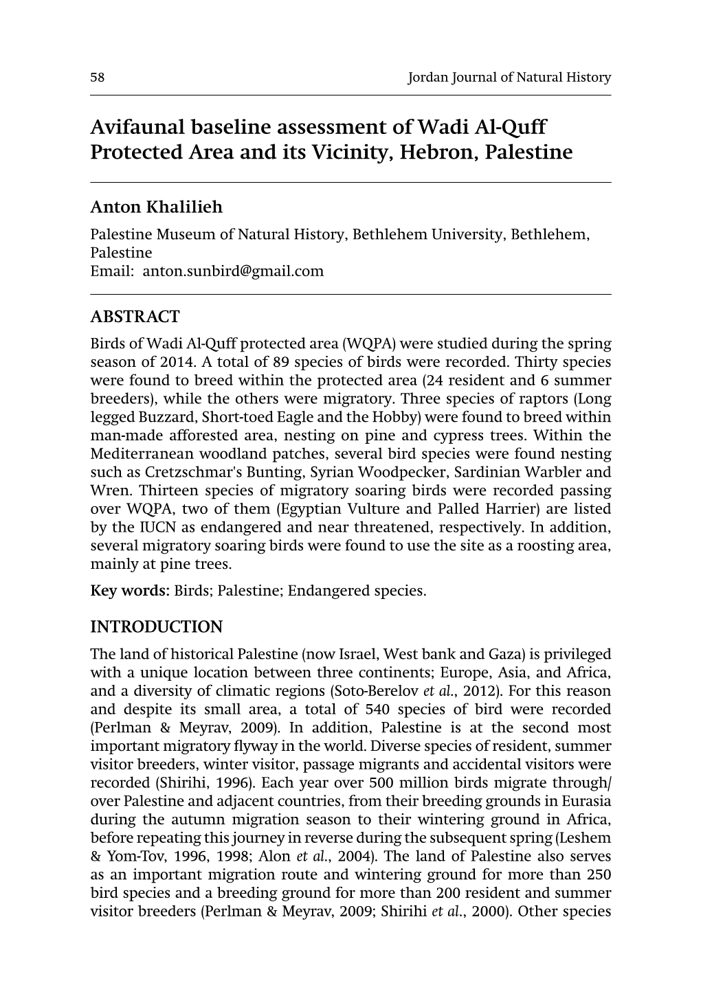 Avifaunal Baseline Assessment of Wadi Al-Quff Protected Area and Its Vicinity, Hebron, Palestine