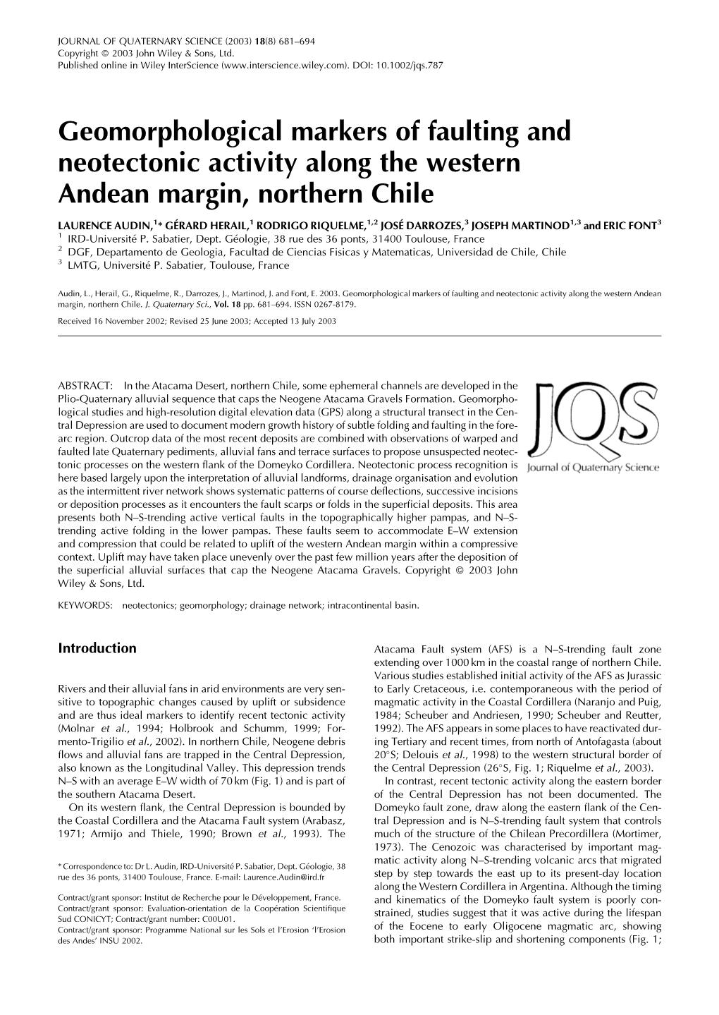 Geomorphological Markers of Faulting and Neotectonic Activity Along the Western Andean Margin, Northern Chile