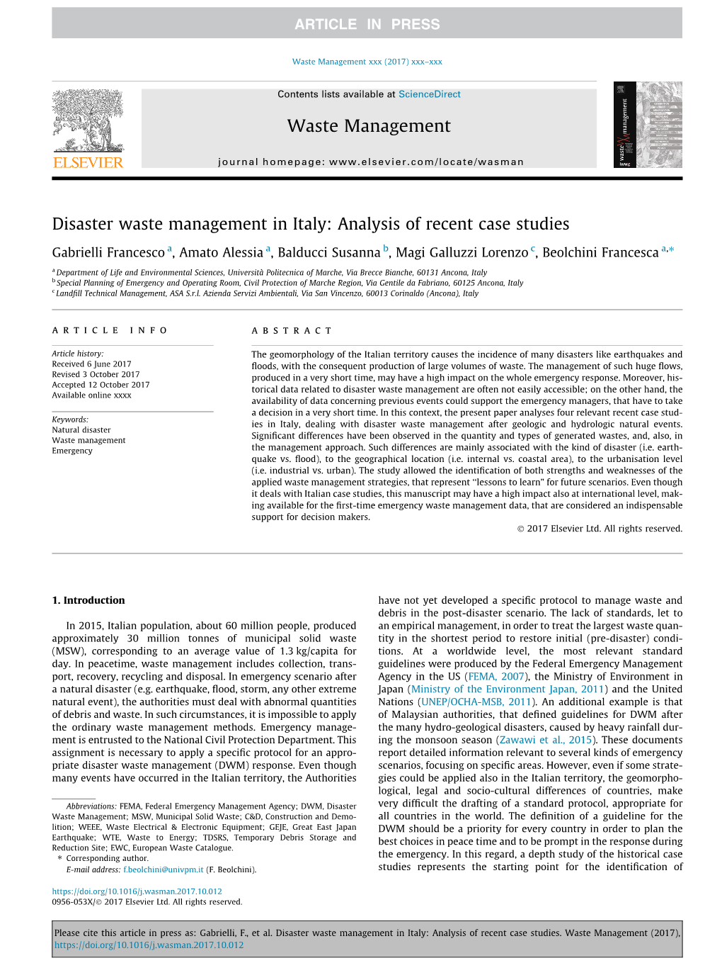 Disaster Waste Management in Italy: Analysis of Recent Case Studies