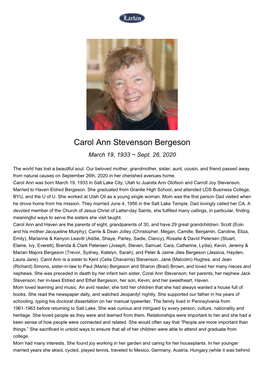 Carol Ann Stevenson Bergeson March 19, 1933 ~ Sept
