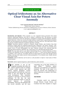 Optical Iridectomy As an Alternative Clear Visual Axis for Peters Anomaly