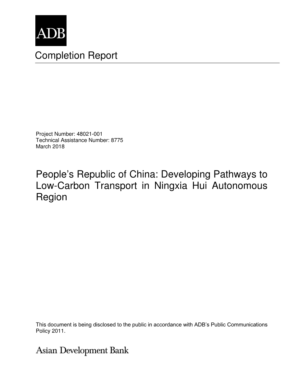 Developing Pathways to Low-Carbon Transport in Ningxia Hui Autonomous Region