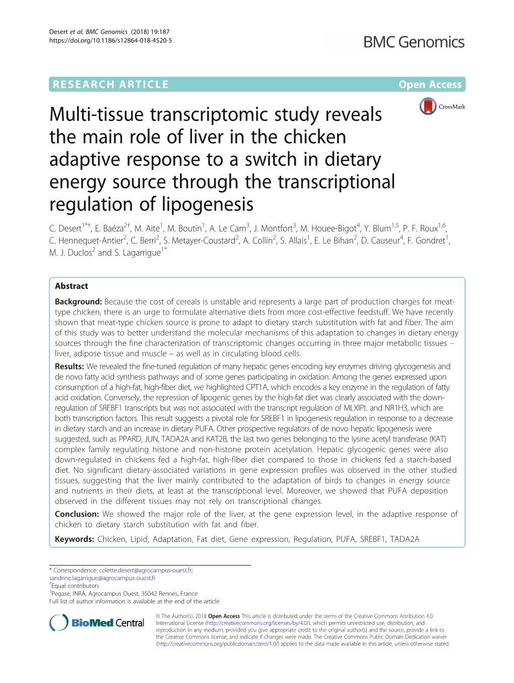 Multi-Tissue Transcriptomic Study Reveals the Main Role of Liver in the Chicken Adaptive Response to a Switch in Dietary Energy