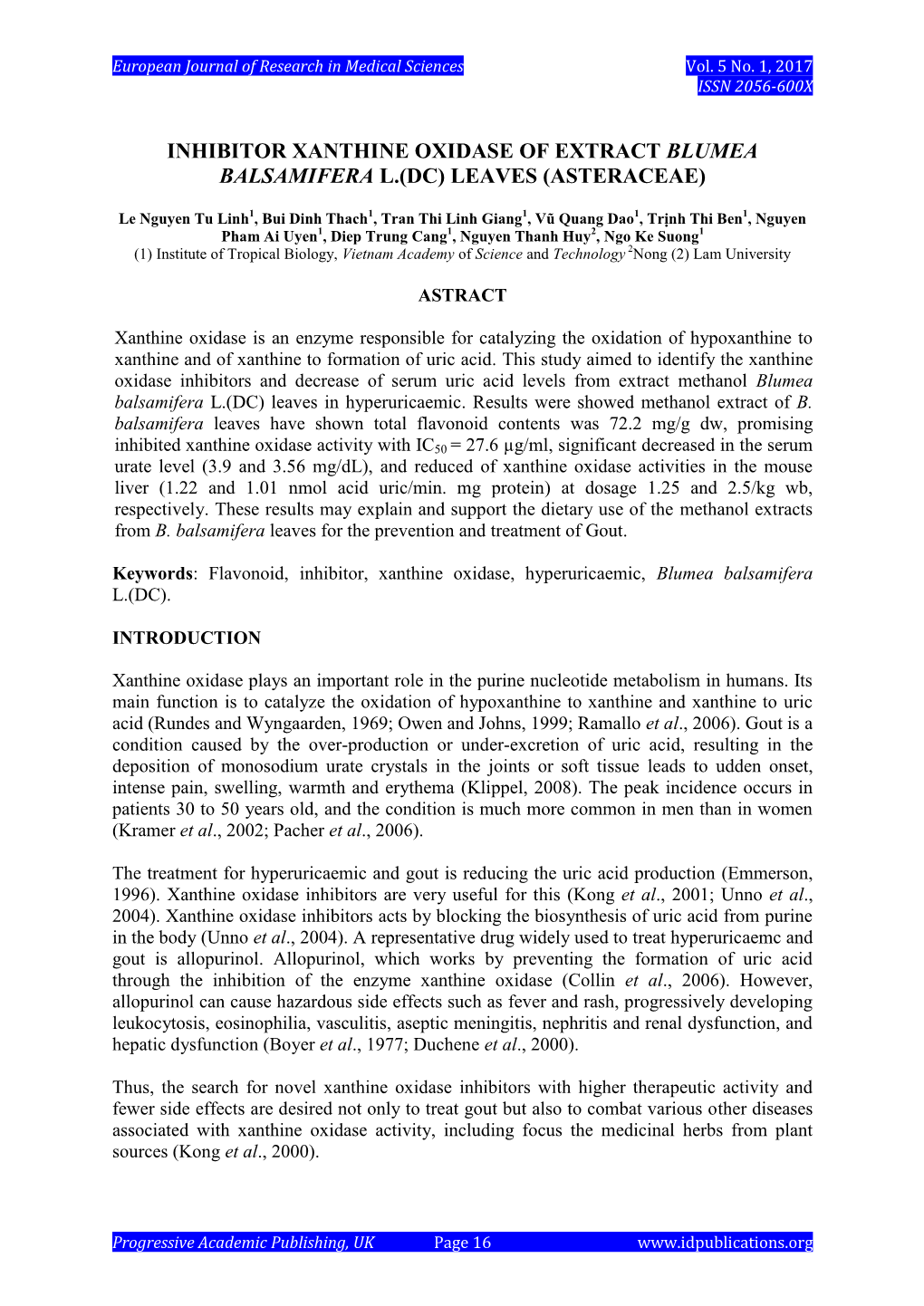 Inhibitor Xanthine Oxidase of Extract Blumea Balsamifera L.(Dc) Leaves (Asteraceae)