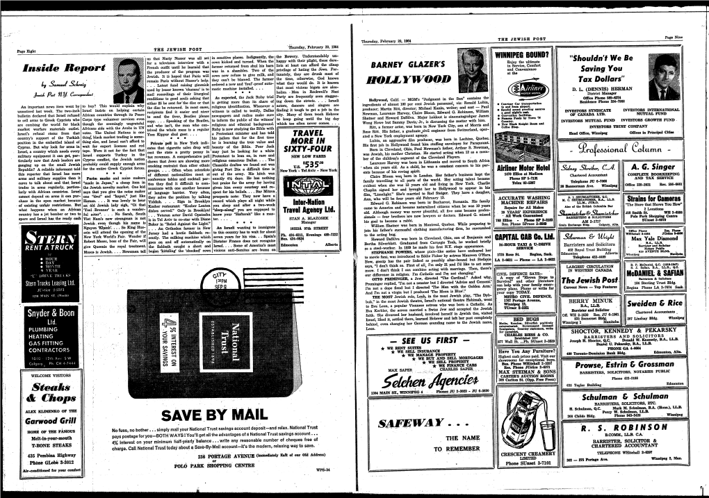 THE JEWISH POST Thursday, Feb~ 20, 196.4: , Thursday, February 20, 1964 Page Eight the JEWISH POST , Us That Nasty Nasser Was All Set in Sensitive Places