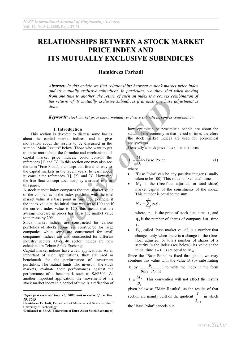 Relationships Between a Stock Market Price Index and Its Mutually Exclusive Subindices