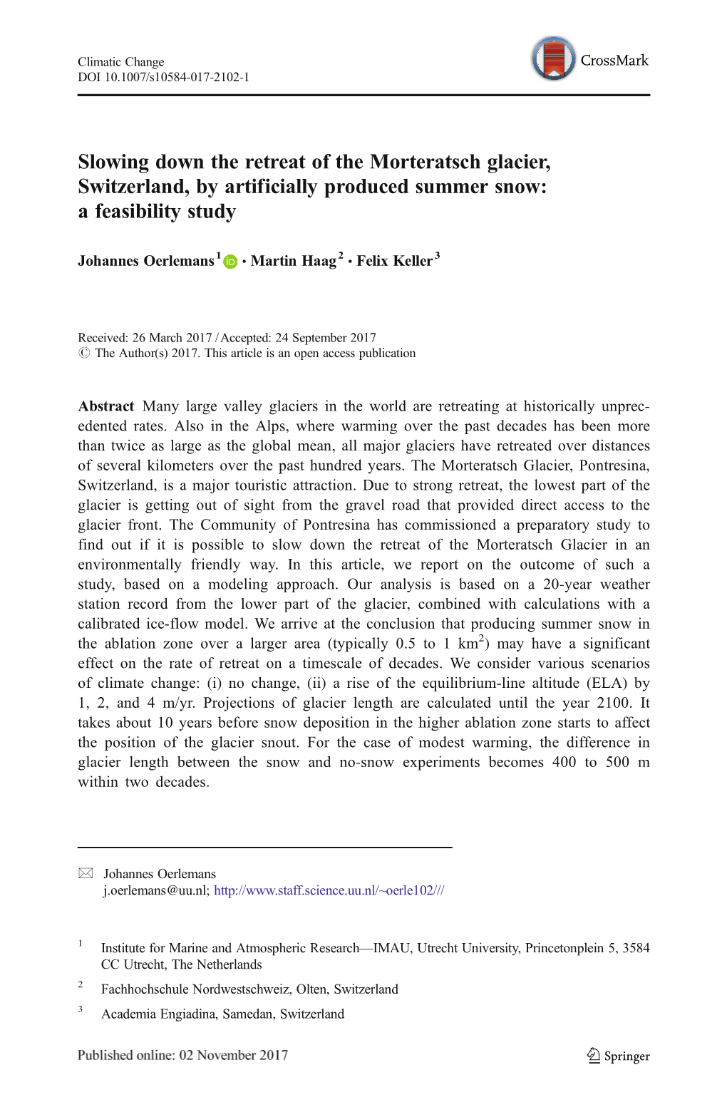 Slowing Down the Retreat of the Morteratsch Glacier, Switzerland, by Artificially Produced Summer Snow: a Feasibility Study