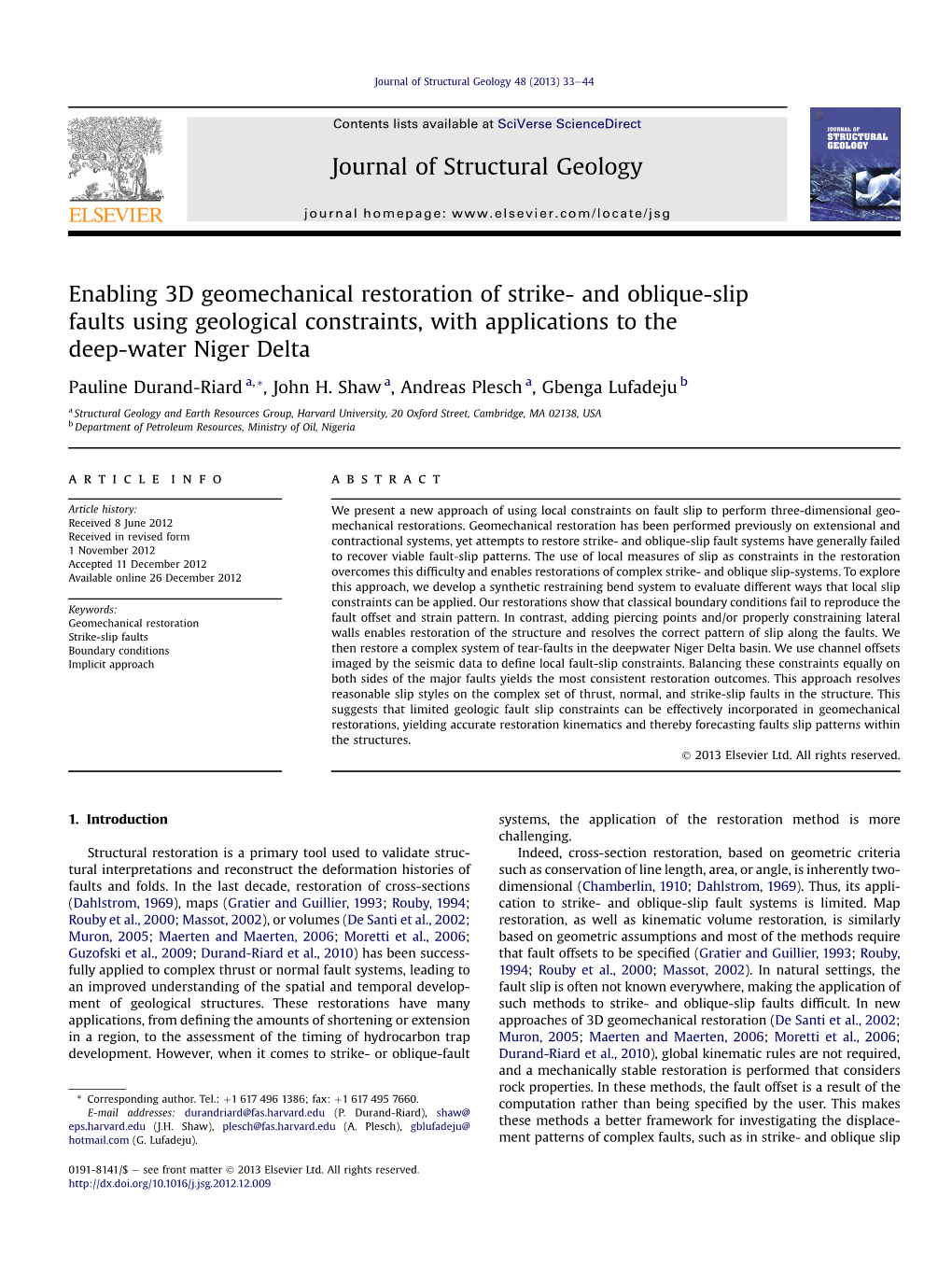 Enabling 3D Geomechanical Restoration of Strike- and Oblique-Slip Faults Using Geological Constraints, with Applications to the Deep-Water Niger Delta