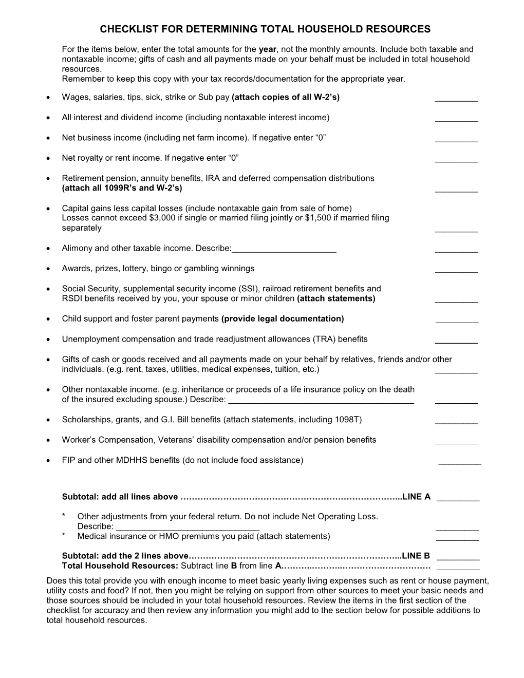 Checklist for Determining Total Household Resources