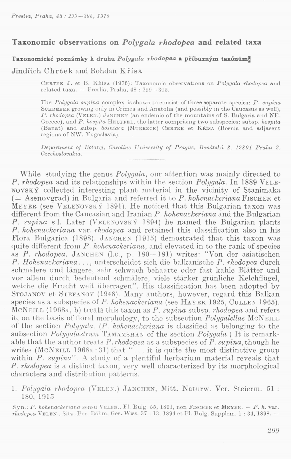 Taxonomie Observations on Polygala Rhodopea and Related Taxa