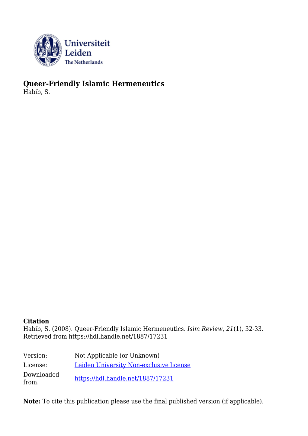 Queer-Friendly Islamic Hermeneutics Habib, S