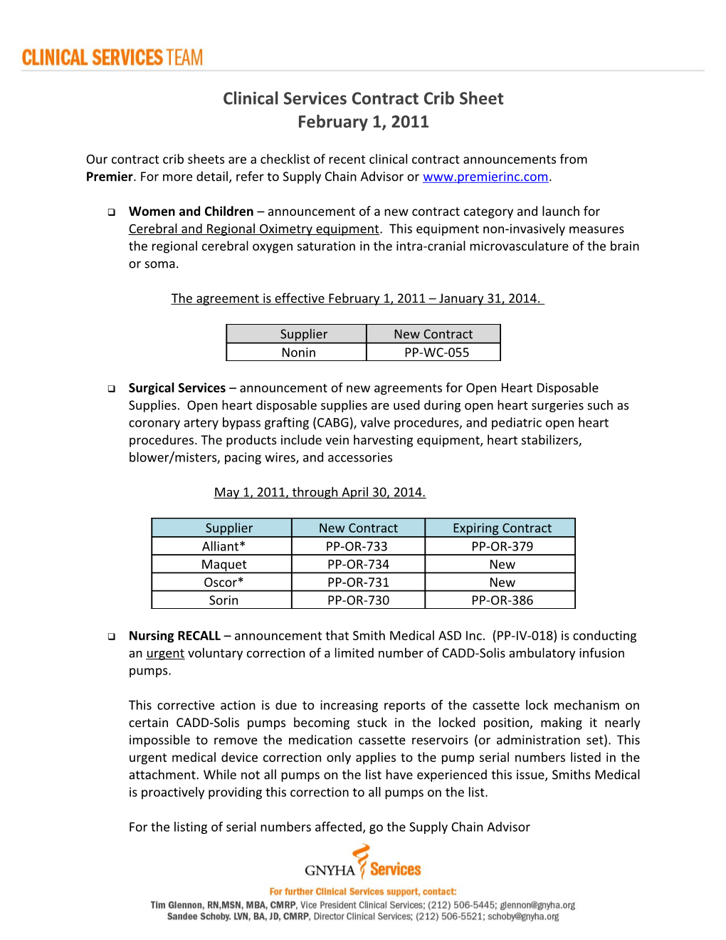 Clinical Services Contract Crib Sheet