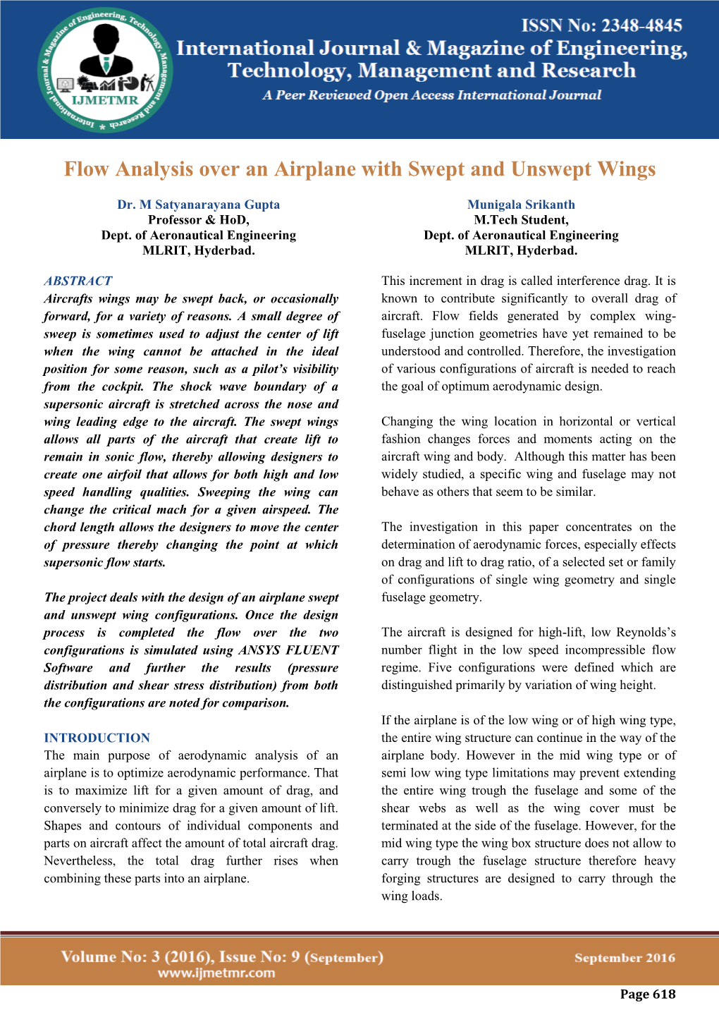 Flow Analysis Over an Airplane with Swept and Unswept Wings