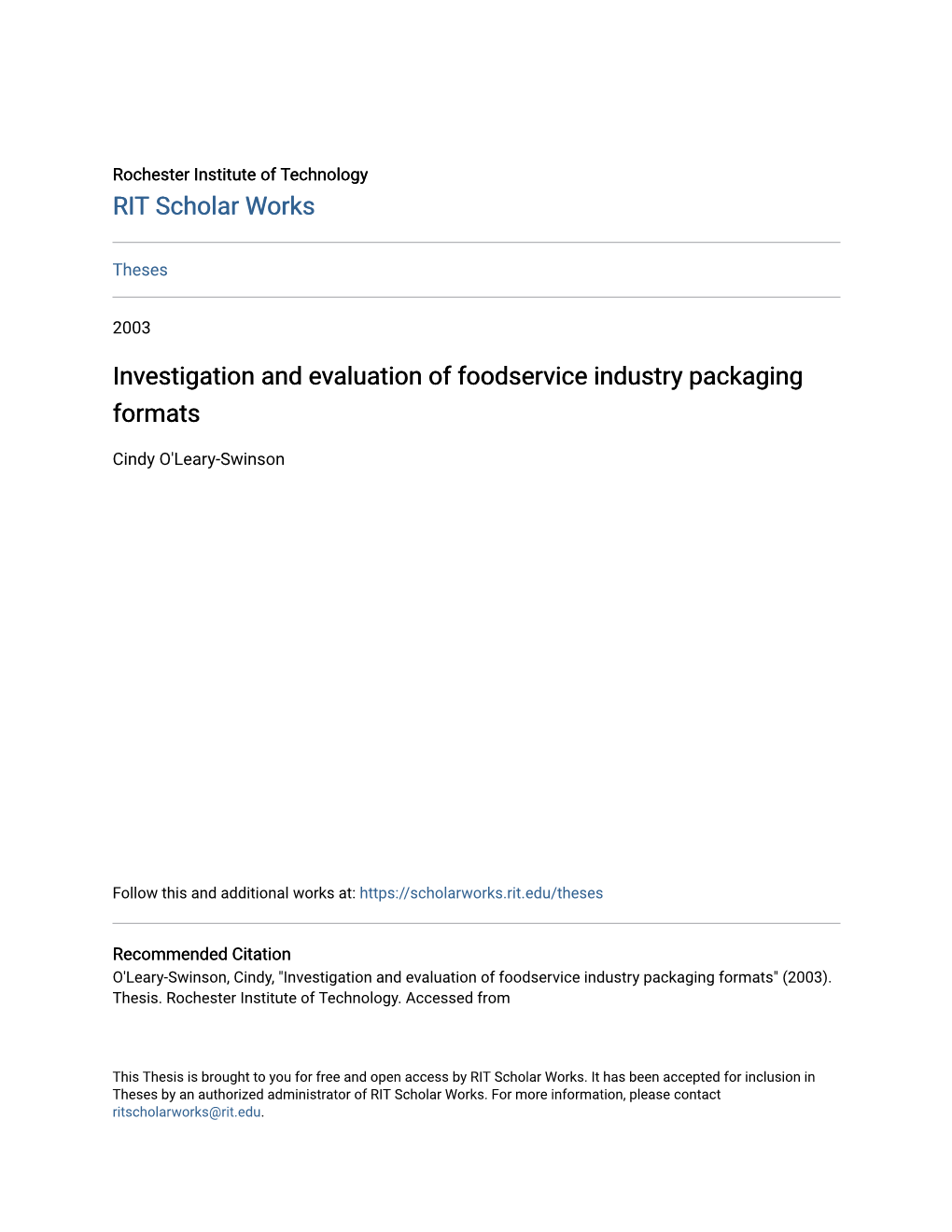 Investigation and Evaluation of Foodservice Industry Packaging Formats