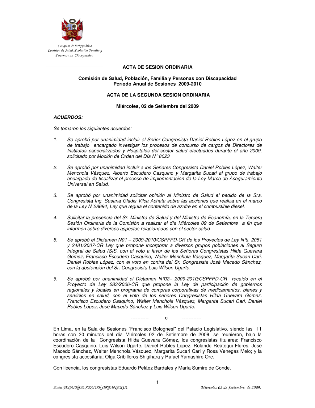 Sesión Ordinaria Del Miercoles 2 De Setiembre De 2009