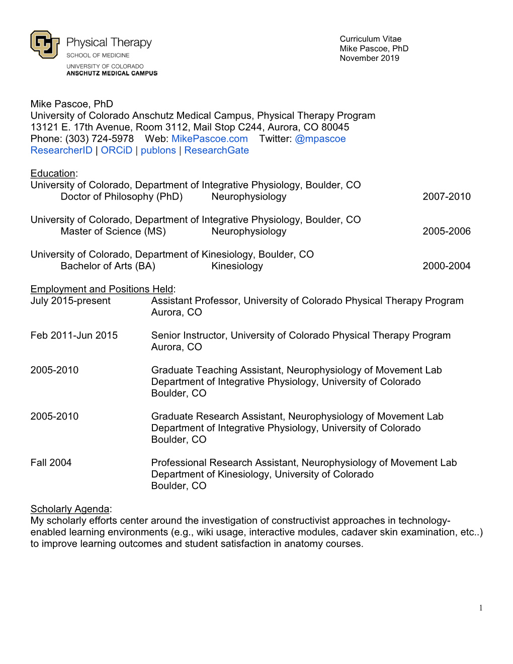 Curriculum Vitae Mike Pascoe, Phd November 2019