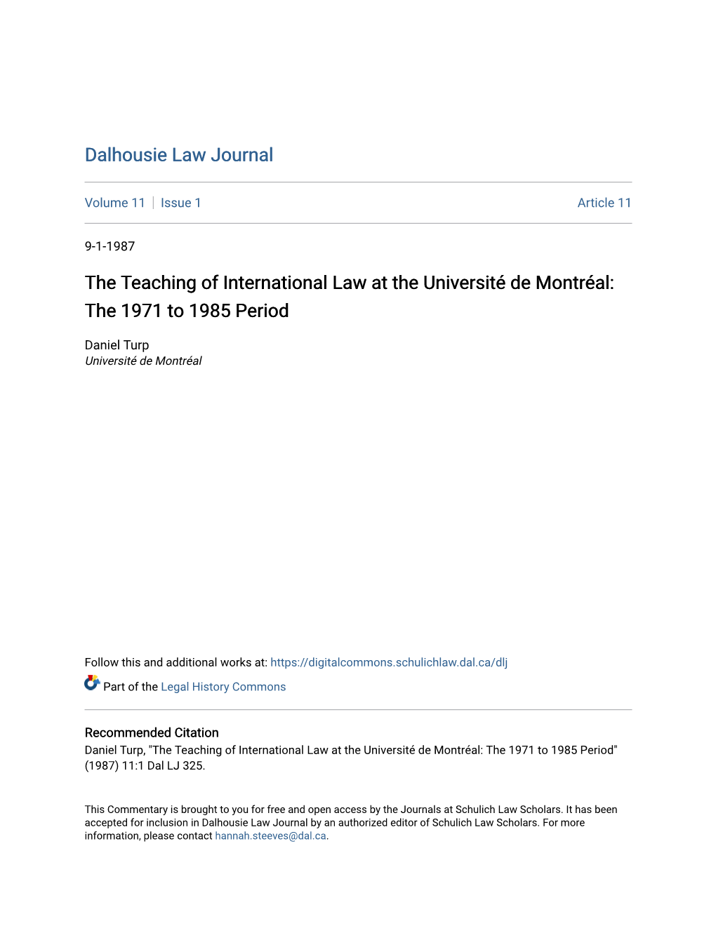 The Teaching of International Law at the Université De Montréal: the 1971 to 1985 Period