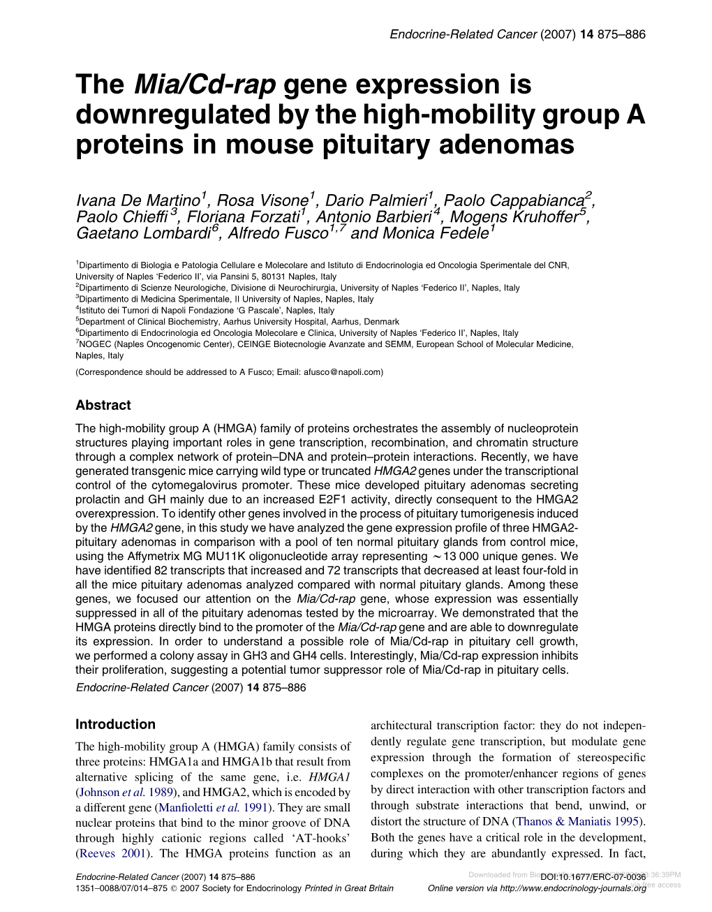 The Mia/Cd-Rap Gene Expression Is Downregulated by the High-Mobility Group a Proteins in Mouse Pituitary Adenomas