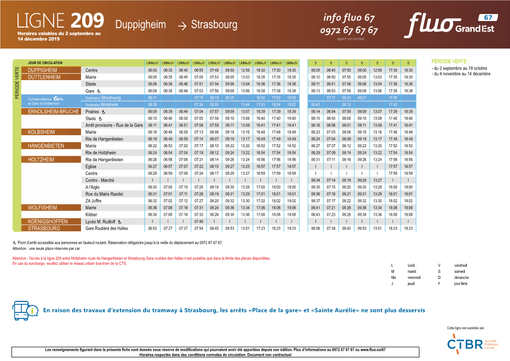 LIGNE 209 Duppigheim Strasbourg Horaires Valables Du 2 Septembre Au 0972 67 67 67 14 Décembre 2019 Appel Non Surtaxé