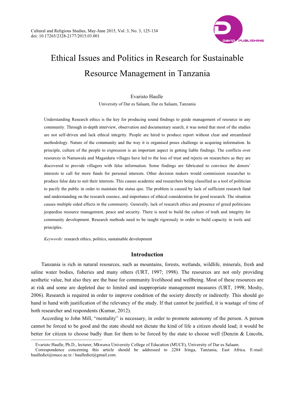Ethical Issues and Politics in Research for Sustainable Resource Management in Tanzania