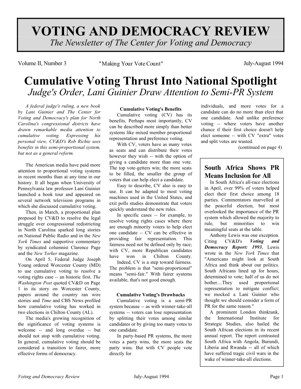 VOTING and DEMOCRACY REVIEW the Newsletter of the Center for Voting and Democracy