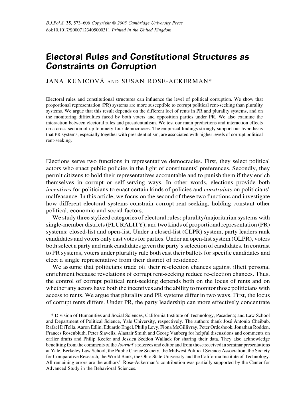 Electoral Rules and Constitutional Structures As Constraints on Corruption