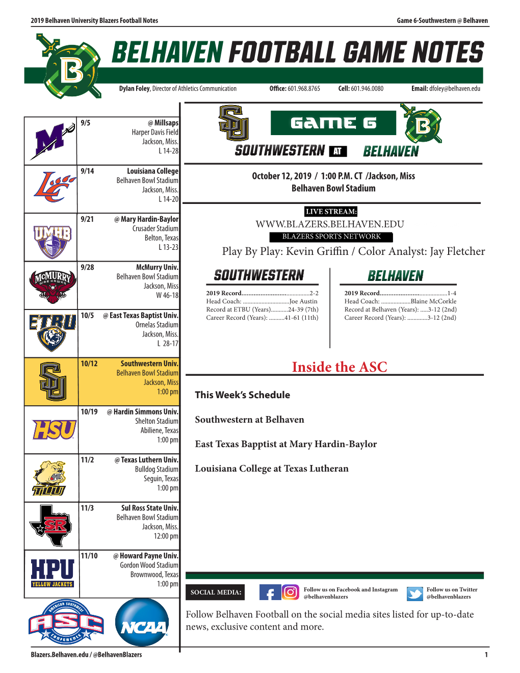 BELHAVEN FOOTBALL Game NOTES