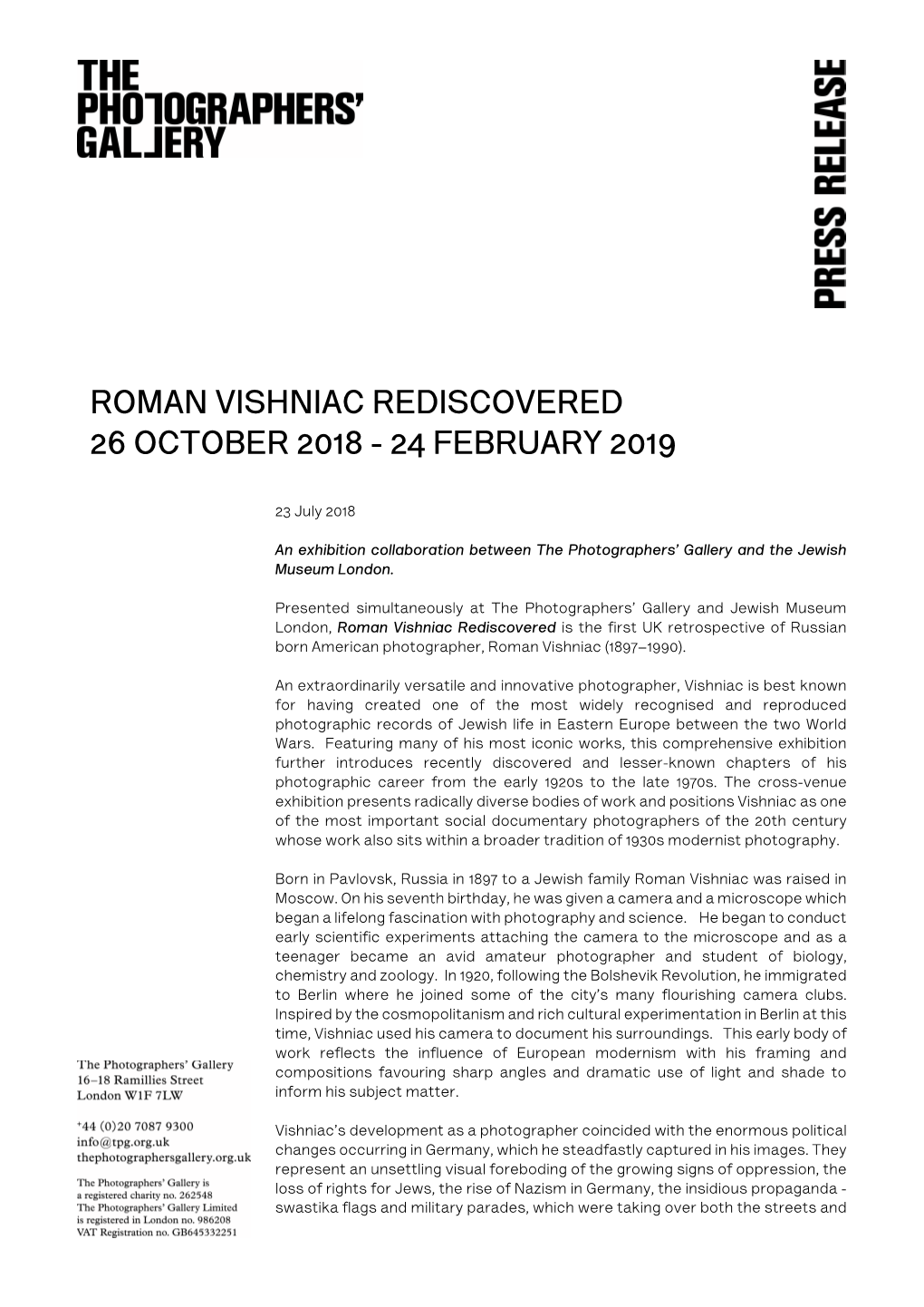 Roman Vishniac Rediscovered 26 October 2018 - 24 February 2019