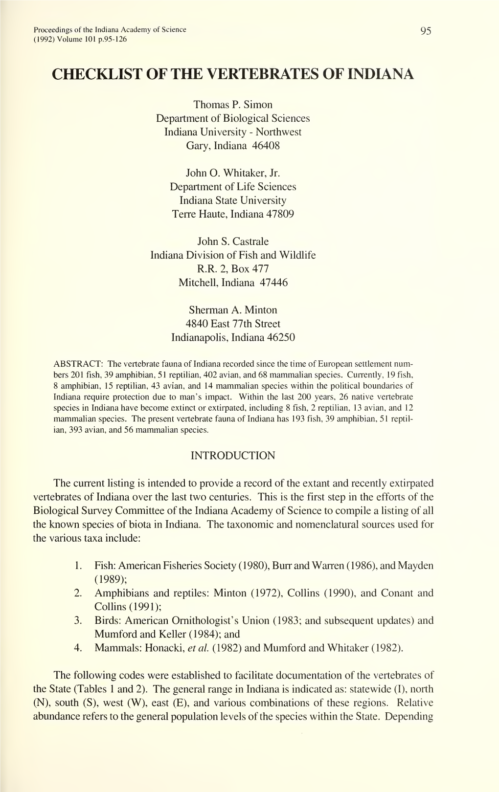 Proceedings of the Indiana Academy of Science 95 (1992) Volume 101 P.95-126