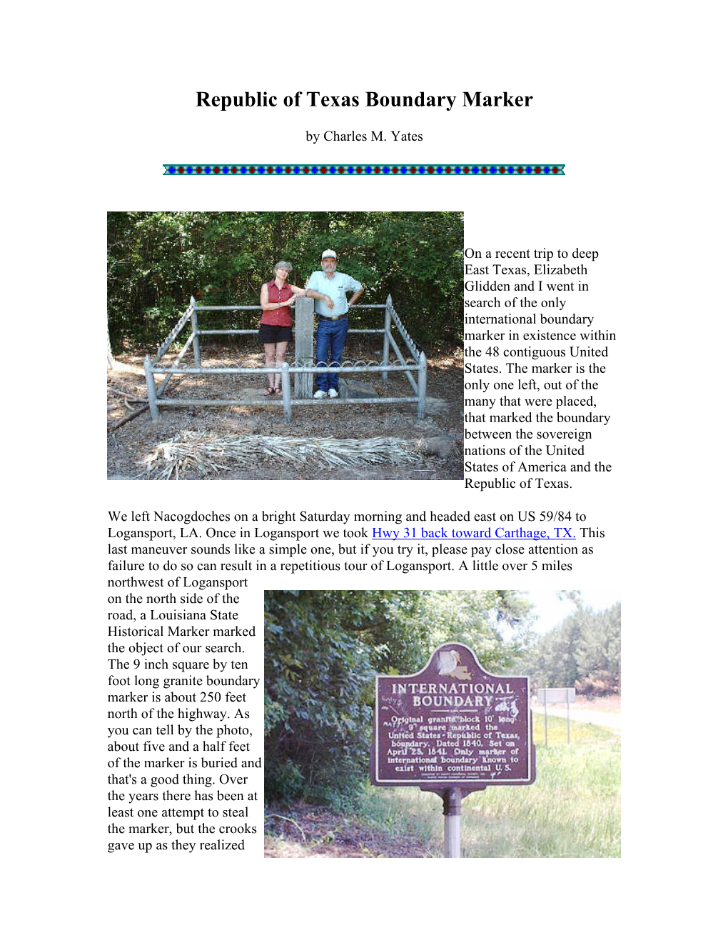 Republic of Texas Boundary Marker