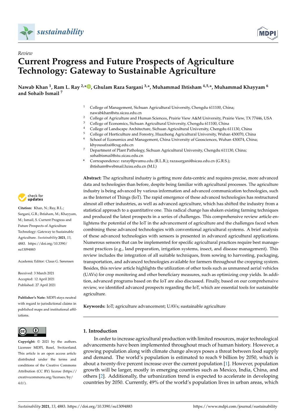 Current Progress and Future Prospects of Agriculture Technology: Gateway to Sustainable Agriculture