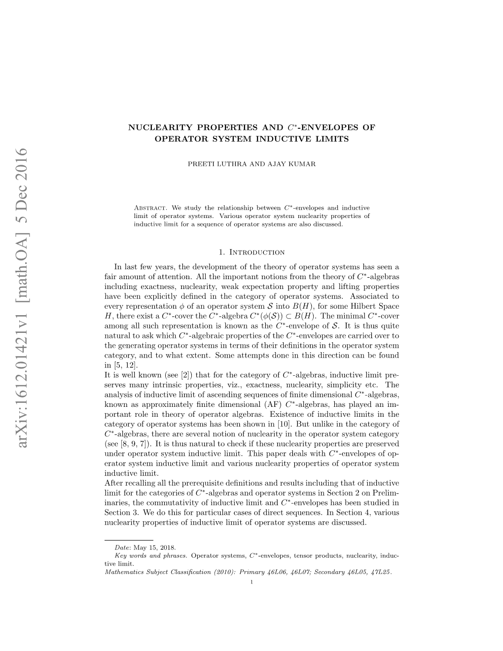 Arxiv:1612.01421V1 [Math.OA] 5 Dec 2016