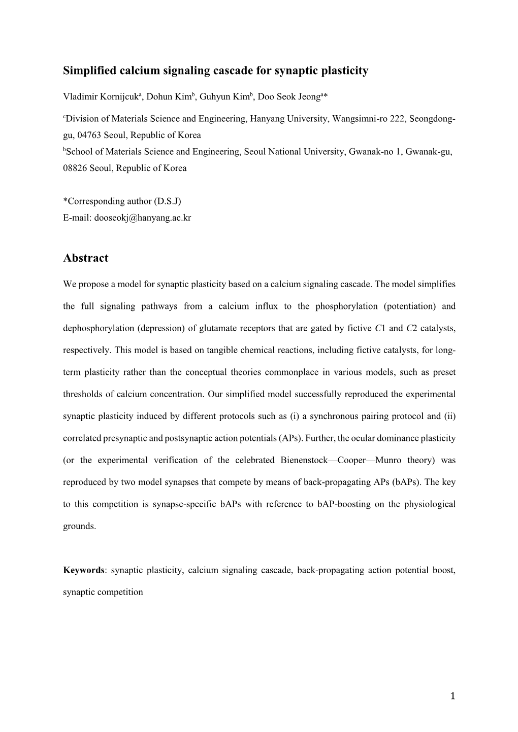 Simplified Calcium Signaling Cascade for Synaptic Plasticity Abstract