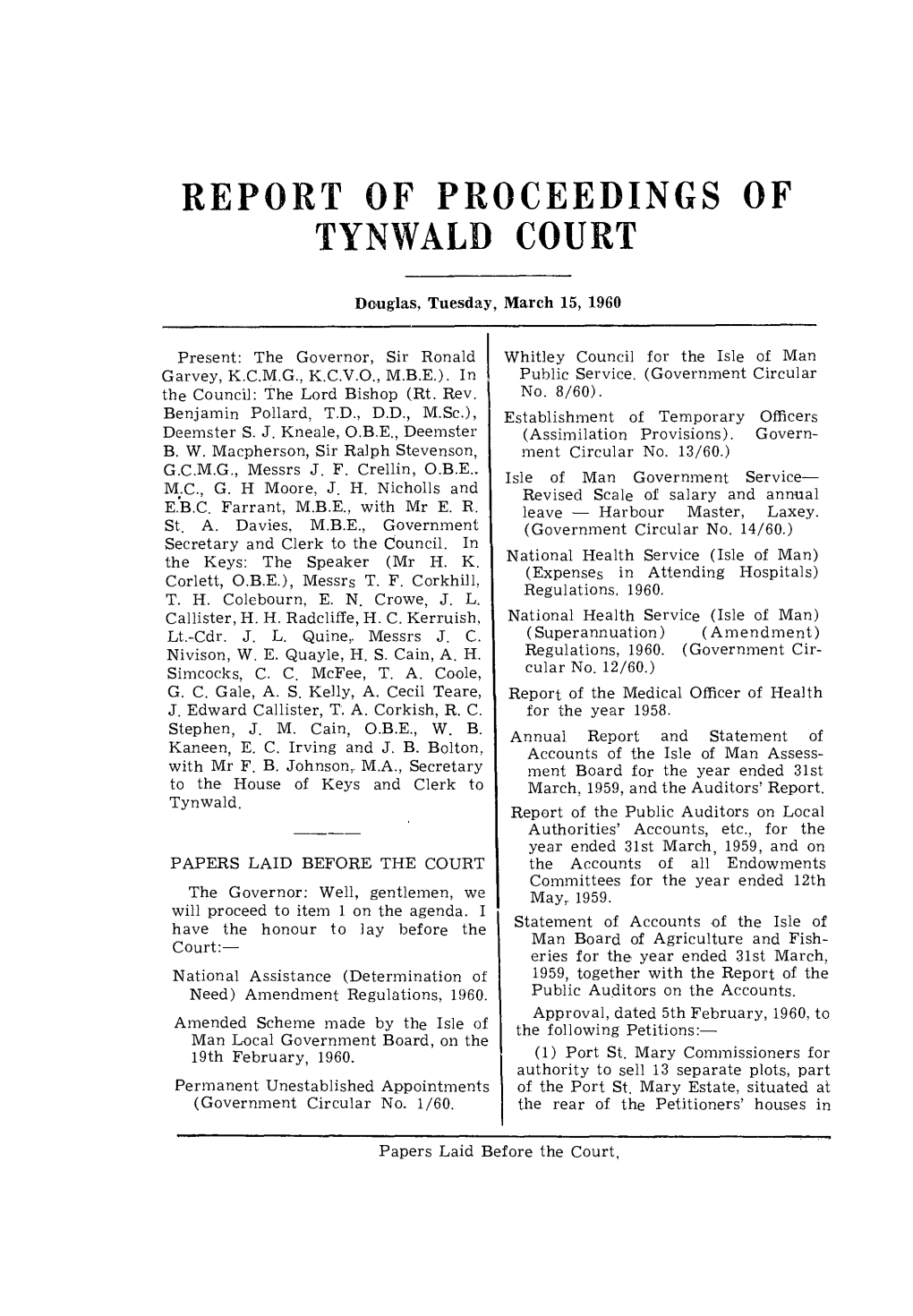 15 Mar 1960 Tynwald Hansard Council for the Isle of Man Public