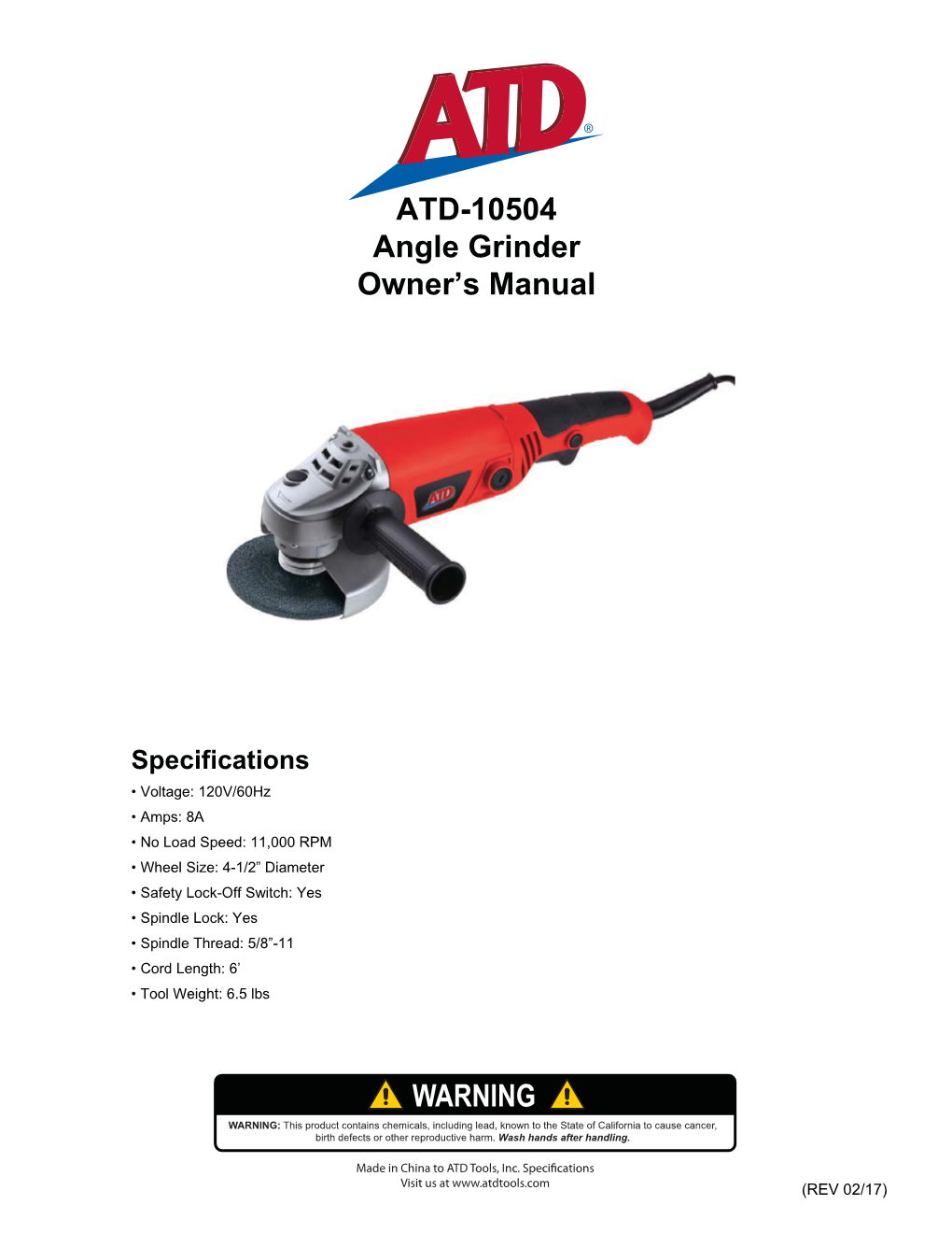 ATD-10504 Angle Grinder Owner's Manual