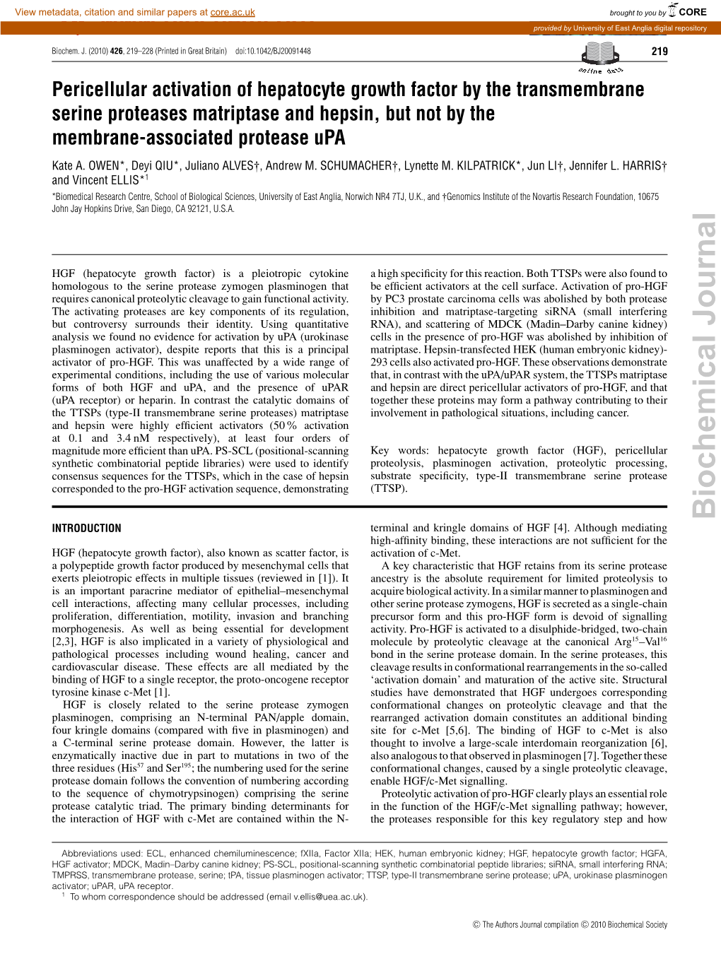 Biochemical Journal INTRODUCTION Terminal and Kringle Domains of HGF [4]