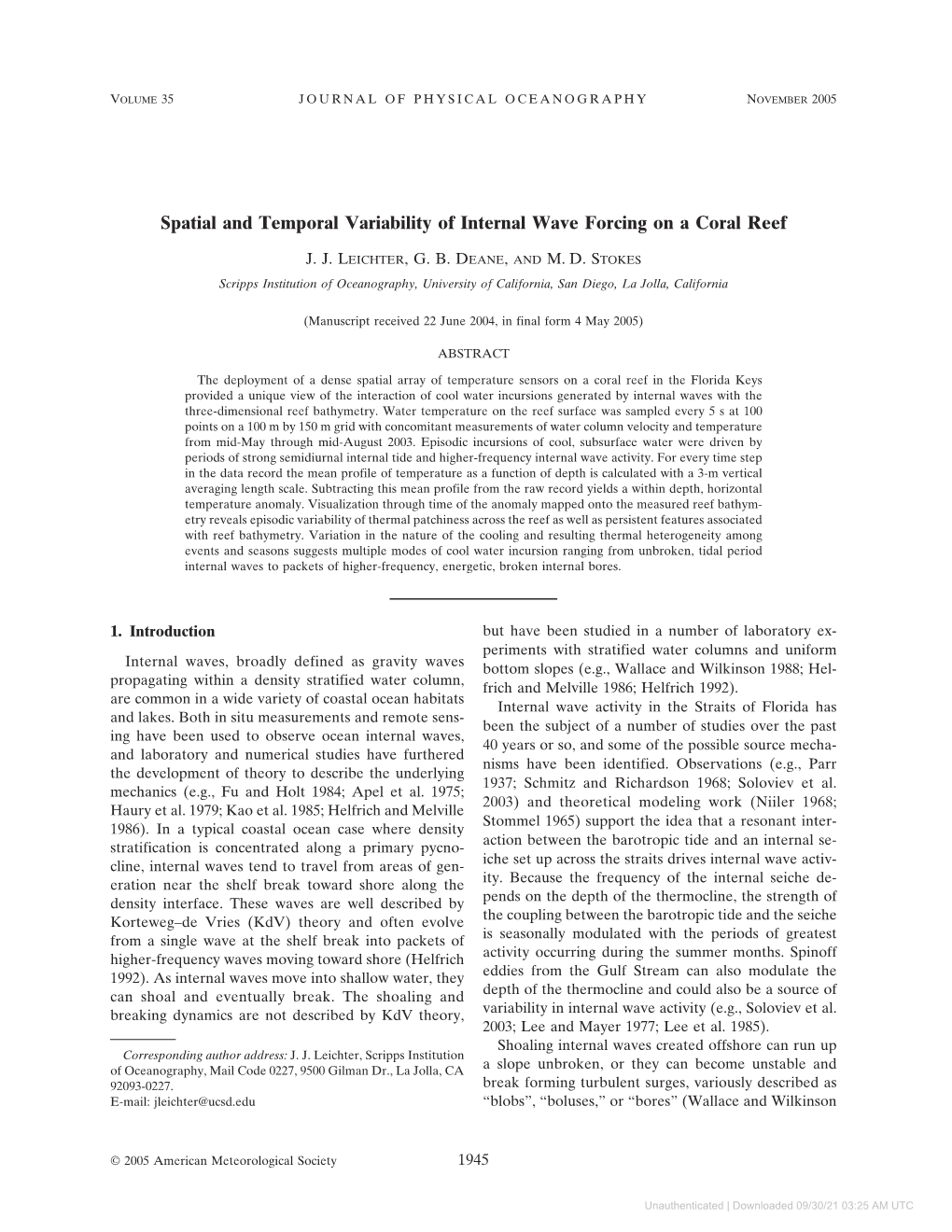 Spatial and Temporal Variability of Internal Wave Forcing on a Coral Reef