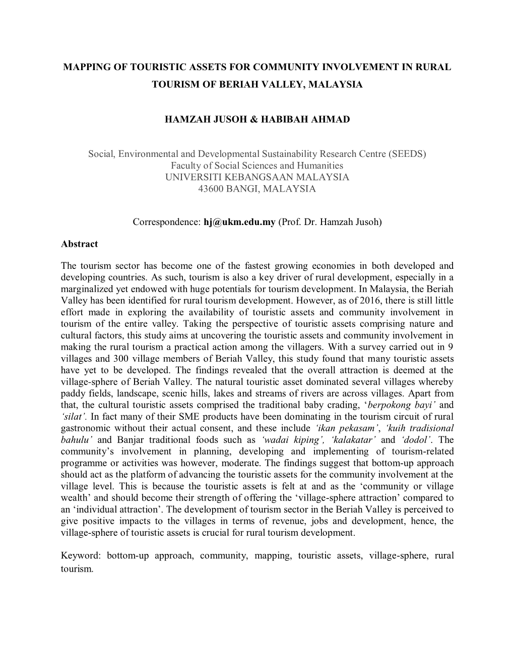 Mapping of Touristic Assets for Community Involvement in Rural Tourism of Beriah Valley, Malaysia