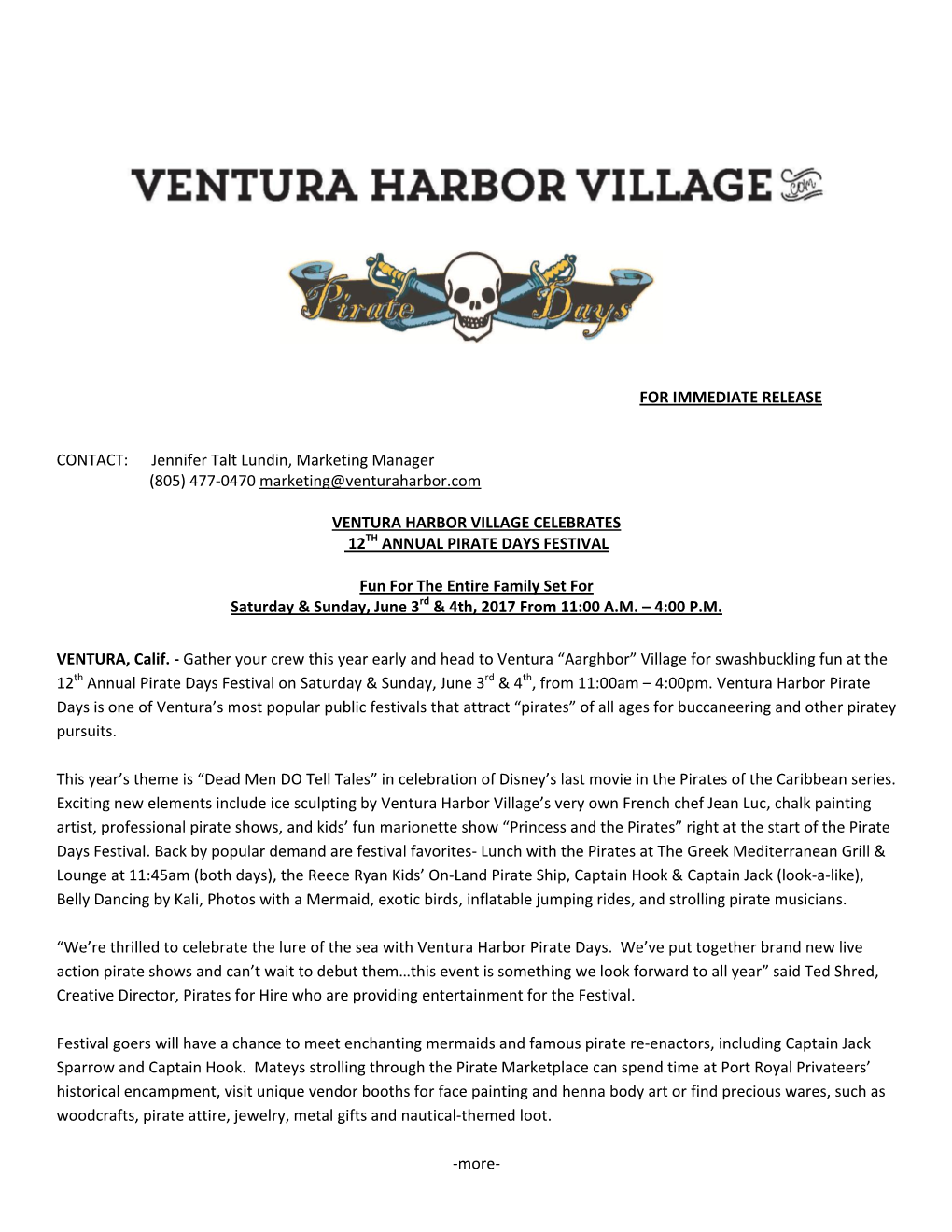 Ventura Harbor Village Celebrates 12Th Annual Pirate Days Festival