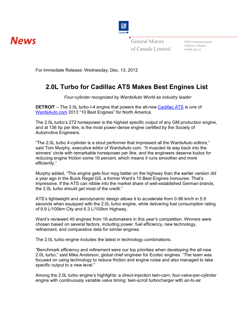 2.0L Turbo for Cadillac ATS Makes Best Engines List