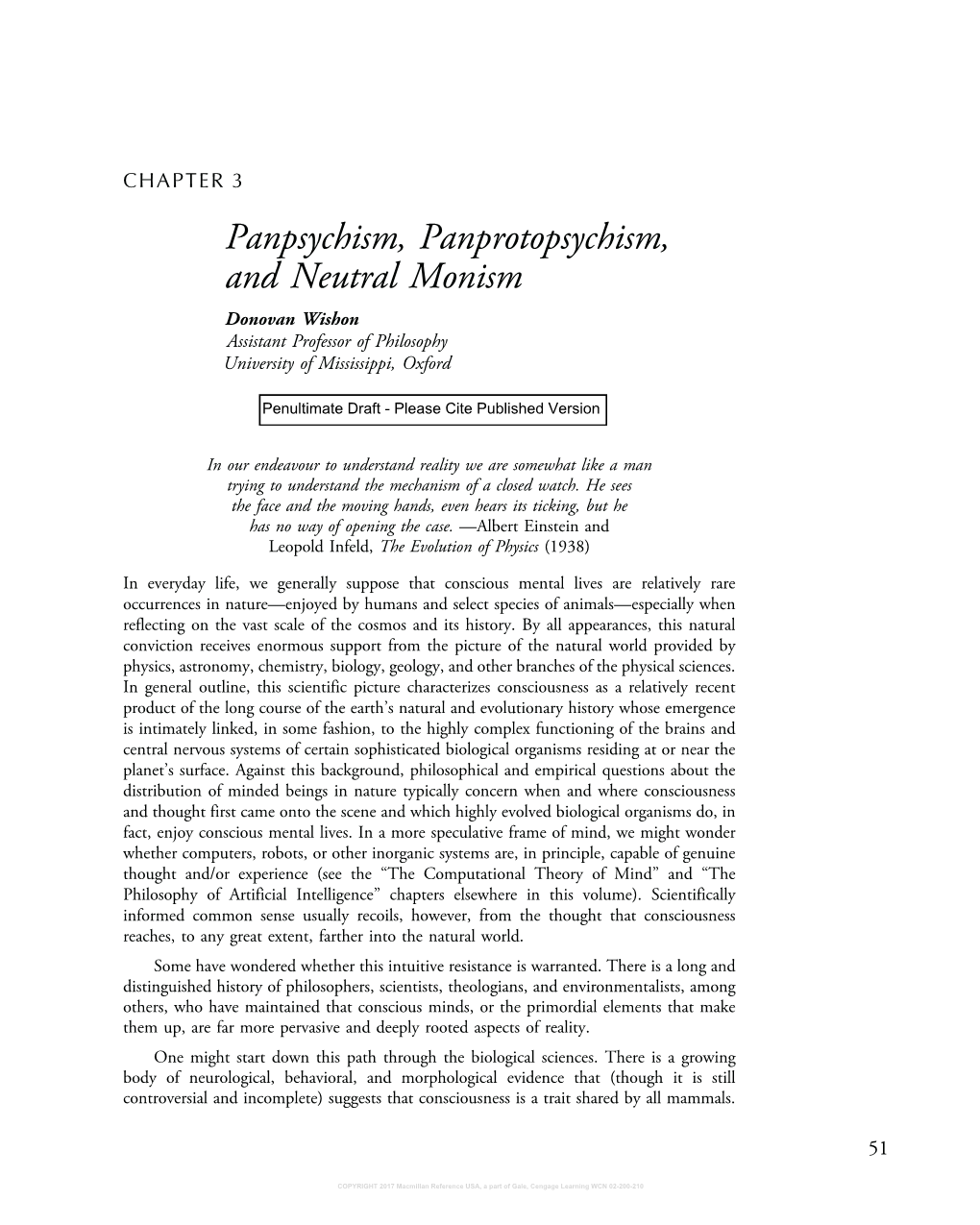 Panpsychism, Panprotopsychism, and Neutral Monism Donovan Wishon Assistant Professor of Philosophy University of Mississippi, Oxford