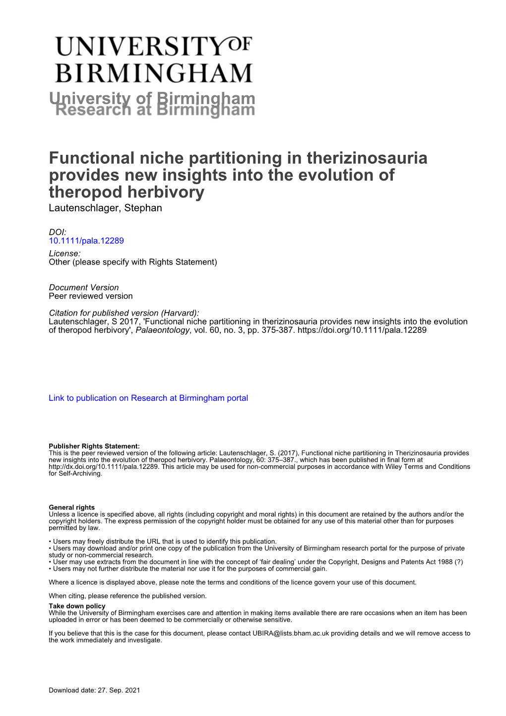 University of Birmingham Functional Niche Partitioning