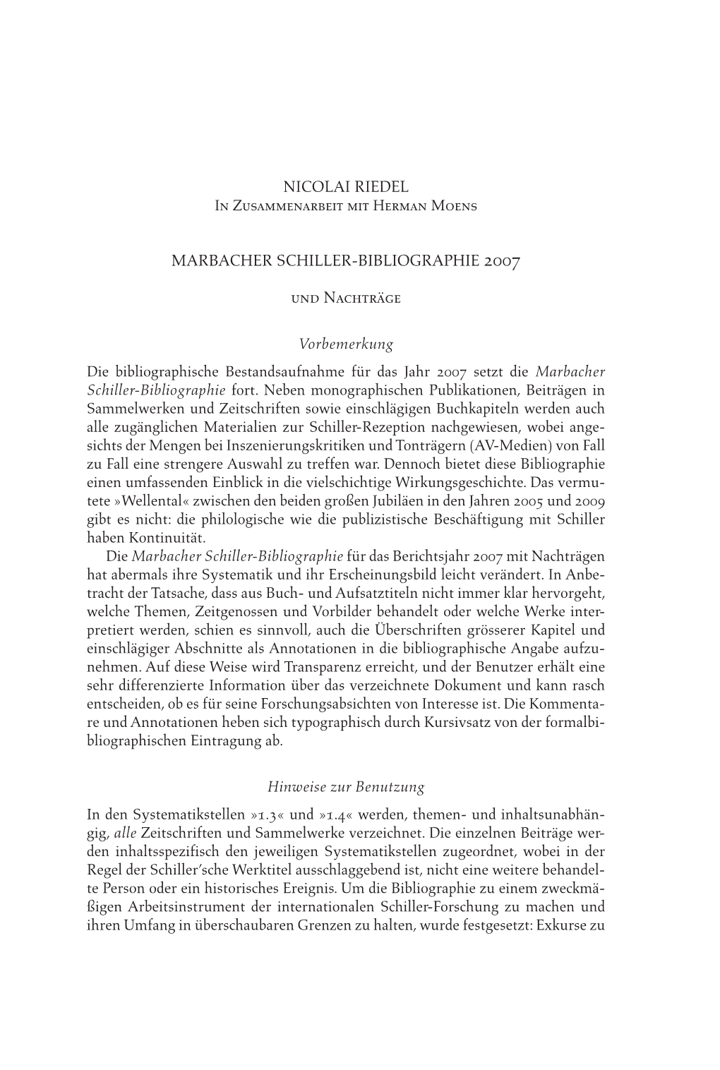 Nicolai Riedel Marbacher Schiller-Bibliographie 2007 Und