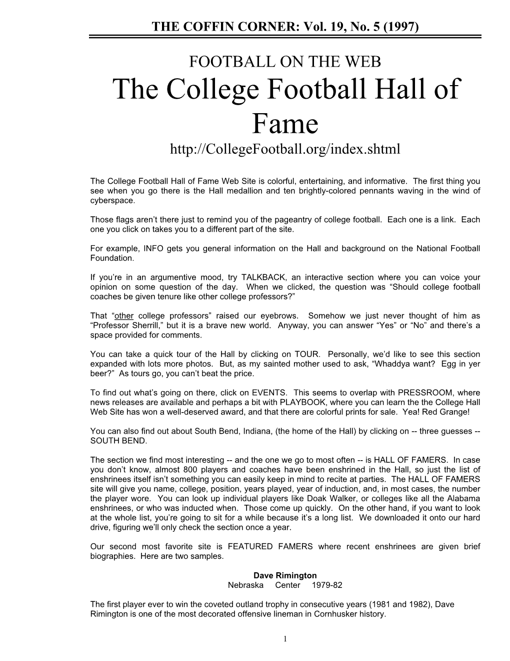 FOOTBALL on the WEB the College Football Hall of Fame