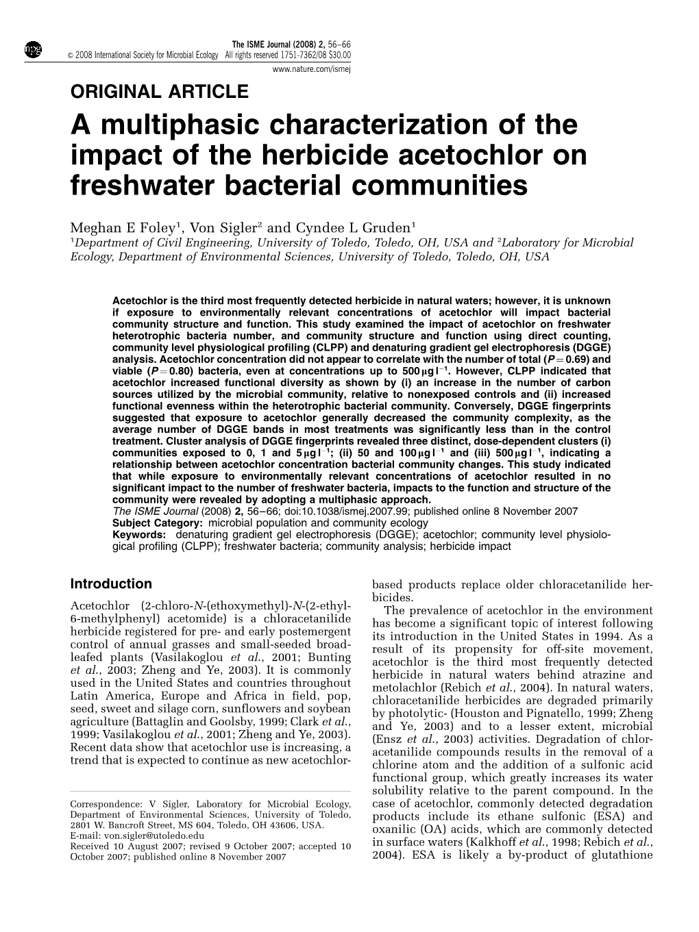 A Multiphasic Characterization of the Impact of the Herbicide Acetochlor on Freshwater Bacterial Communities