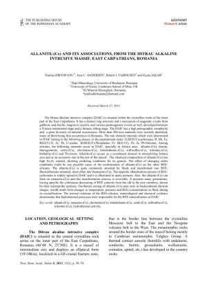 ALLANITE-(Ce) and ITS ASSOCIATIONS, from the DITRAU ALKALINE INTRUSIVE MASSIF, EAST CARPATHIANS, ROMANIA