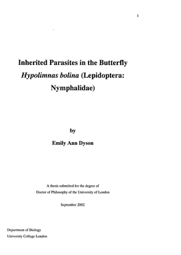 Inherited Parasites in the Butterfly Hypolimnas Bolina (Lepidoptera: Nymphalidae)