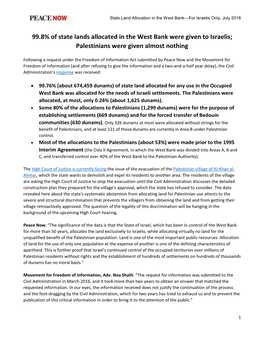 99.8% of State Lands Allocated in the West Bank Were Given to Israelis; Palestinians Were Given Almost Nothing