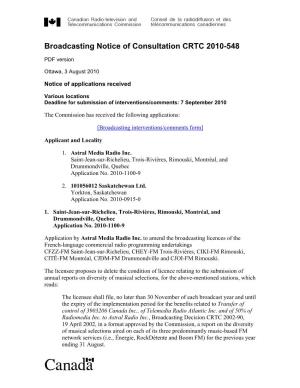 Broadcasting Notice of Consultation CRTC 2010-548