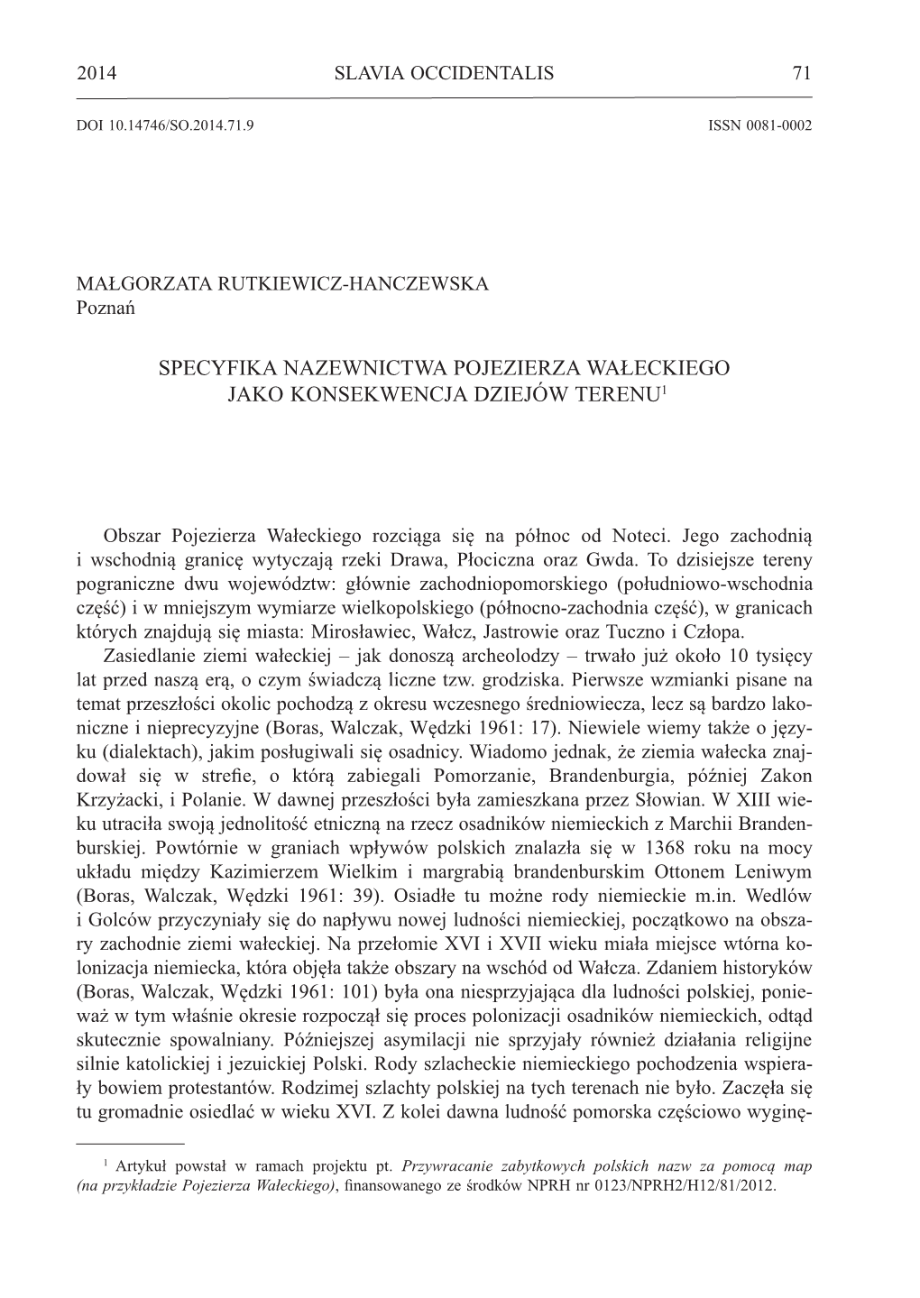 Specyfika Nazewnictwa Pojezierza Wałeckiego Jako Konsekwencja Dziejów Terenu1